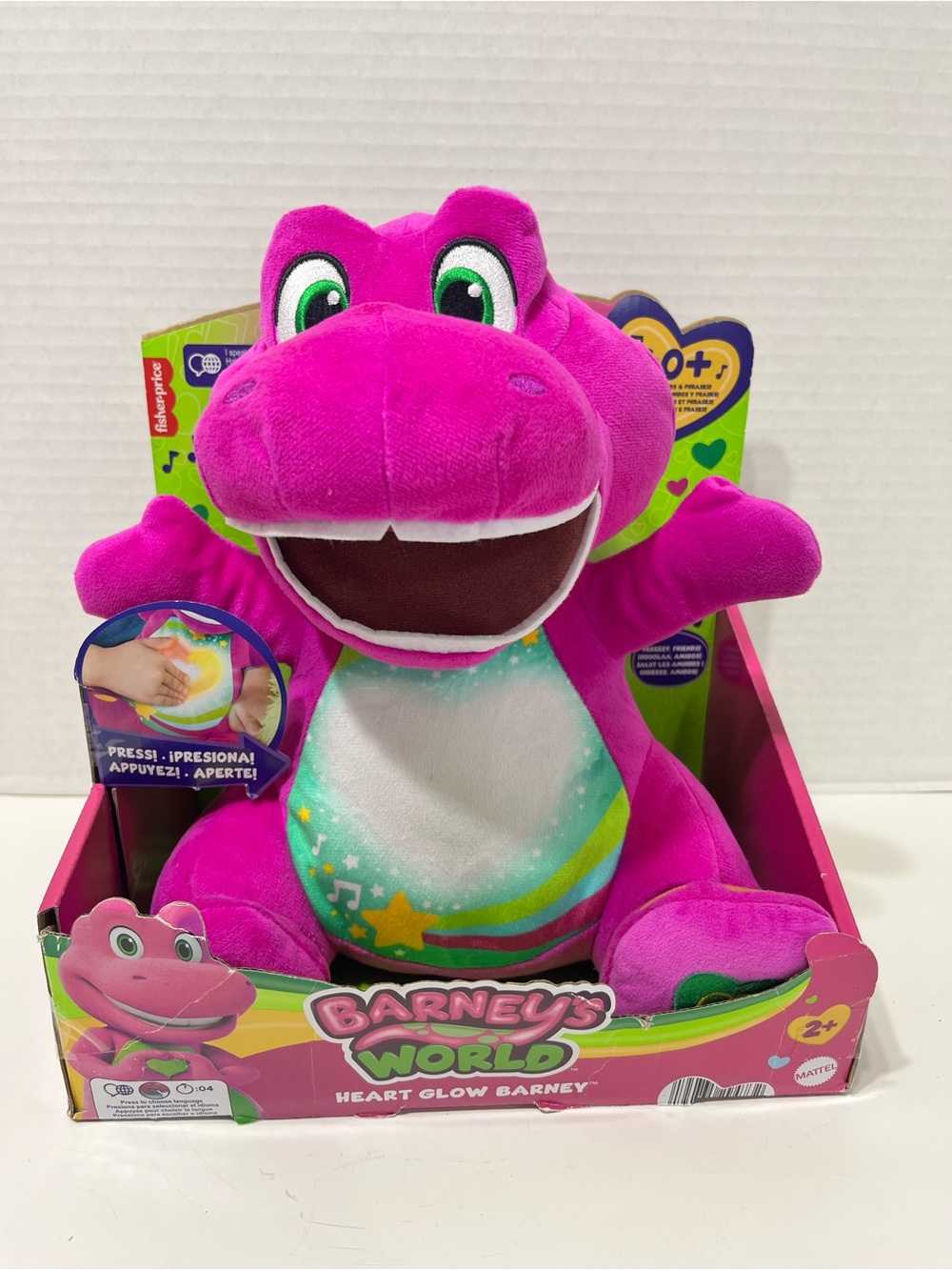 FISHER PRICE Barney’s World Heart Glow Barney plush toy with music & lights NWT